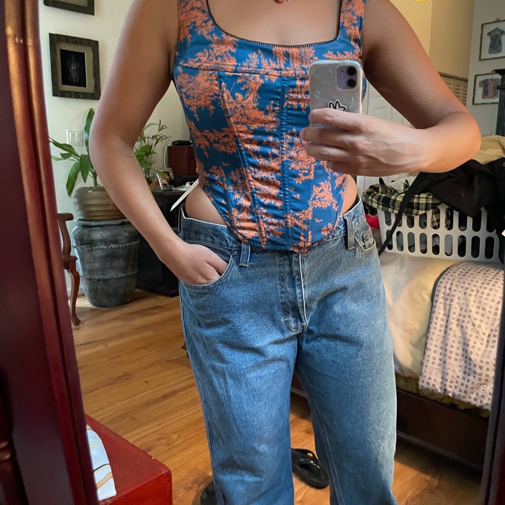 Miaou Teal Top with Orange Botanical Print